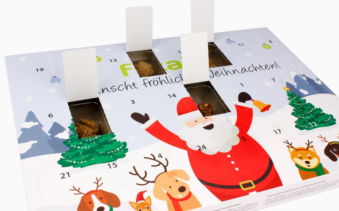 Bedruckte Kalender für Tierleckerlies Adventskalender für Tierfutter / Leckeries